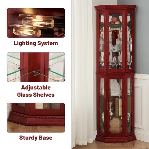 BAOMKONG Tall Corner Cabinet with Glass Doors, Lighted Glass Display Curio Cabinet with Adjustable Shelves, Home Office Floor Standing Display Cabinet for Bar, Liquor Storage and Medal, Cherry BAOMKONG