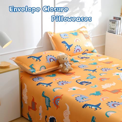 IngeCrafts Cartoon Dinosaur Kids Sheet Set Full Size - Orange Dinosaur & Rainbow Bed Sheet Set 4 Piece, Soft Microfiber Cartoon Dino Bedding with Deep Pocket IngeCrafts
