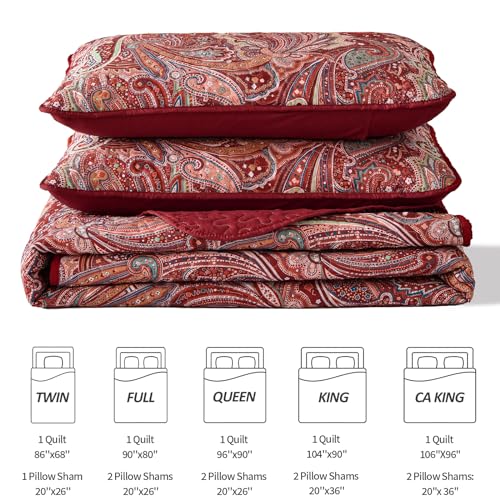 DJY Red Paisley Quilt Set California King Boho Bedspread 3 Pieces, Soft Lightweight Microfiber Coverlet Set Paisley Floral Pattern Bedding for All Season, 112"x96" DJY