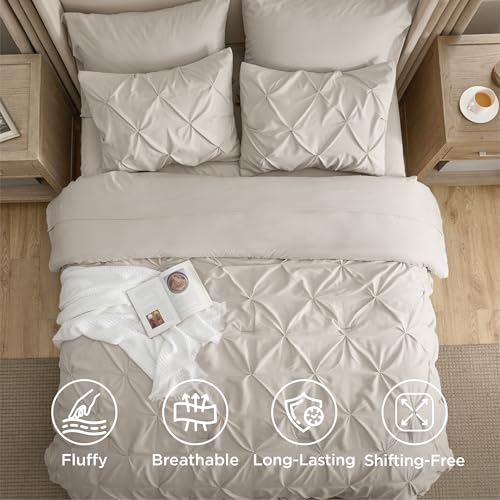 Bedsure Queen Comforter Set Linen - Bed in a Bag Queen Size Bedding 7 Pieces, GentleSoft™ Pintuck Bed Set Gift for Family, Pinch Pleat All Season Comforter with Sheets, Pillowcases & Shams Bedsure