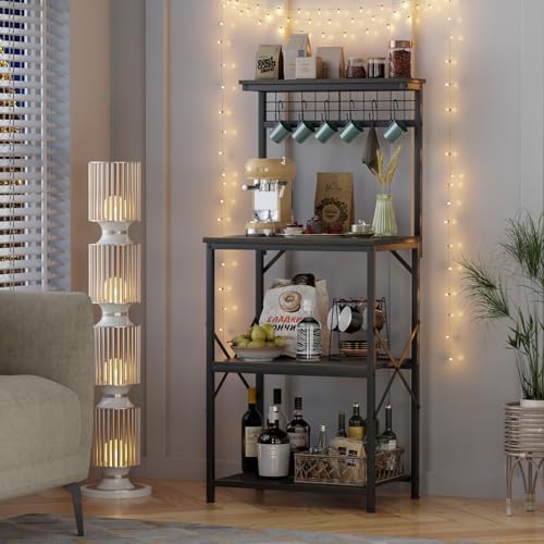 Furologee 4-Tier Black Oak Kitchen Bakers Rack & Microwave Stand with Pegboard and S Hooks Furologee