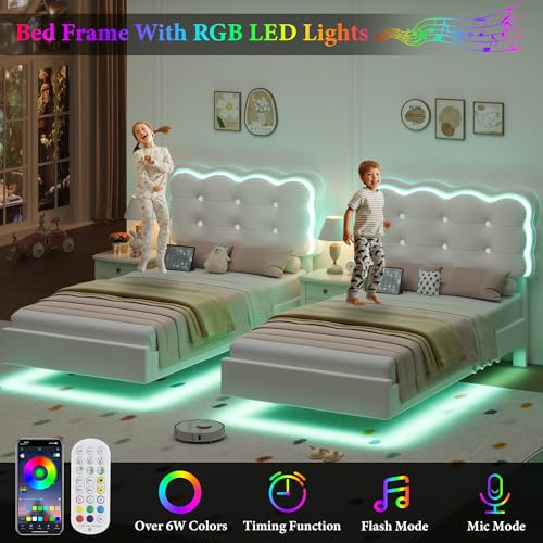 HIFIT Upholstered Twin LED Bed Frame with Charging Station and Adjustable Crystal Button-Tufted Puffs Headboard, Velvet Princess Floating Platform Bed Frames for Girls/Kids, No Box Spring Needed,Beige HIFIT