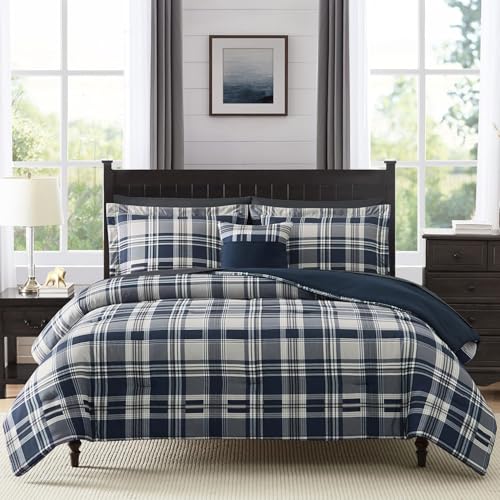 MaiRêve Queen Size Comforter Set Navy Blue, Classic Plaid Farmhouse 7 Pieces Bedding Set, All Season Lightweight Bed in a Bag with Sheets, Pillowcases & Shams MaiRêve