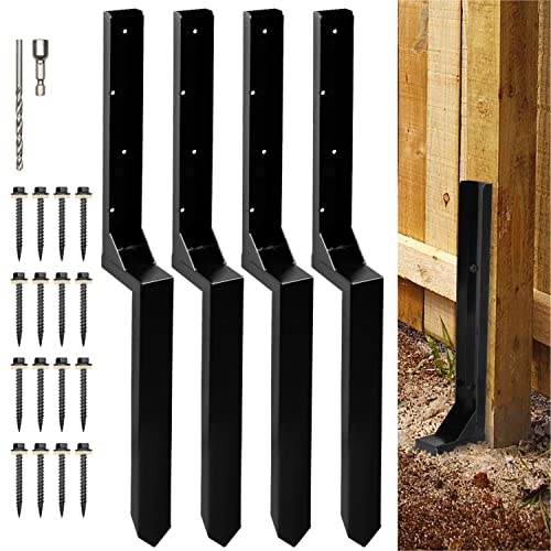 WIMART Fence Post Repair Kit, Heavy Duty Steel Fence Post Anchor Ground Spike for Repair Tilted, Broken Wood Fence Post (Black - Set 4) WIMART