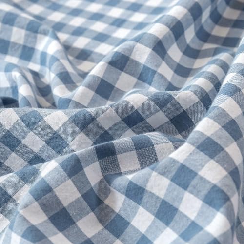 Blue Gingham Comforter Set Queen Modern Plaid Checkered Pattern Comforter 3 Pieces Blue Grid Comforter with 2 Pillowcases Soft Fluffy Gingham Bedding Set Farmhouse Plaid Comforter Set for All Seasons LifeTB