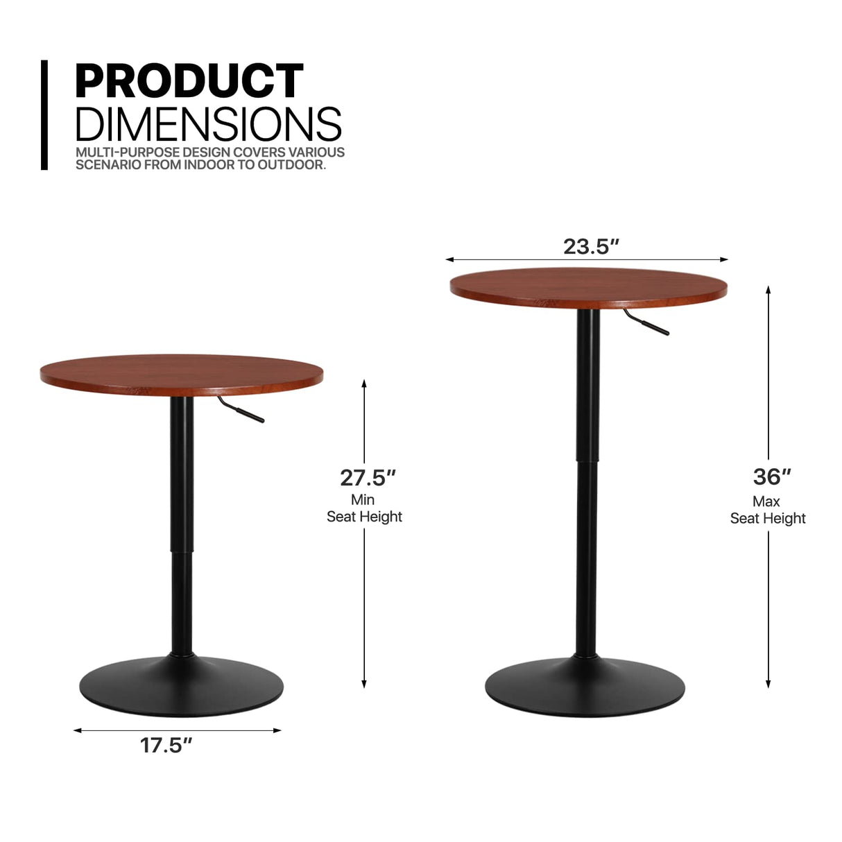 MoNiBloom Round Bar Table Adjustable Height, BistroTable with Black Leg and Base Pub Table 360° Swivel for Living Room Dining Room Bistro Cafe, 23.5" Diameter Red Wood Texture Top Cocktail Tables MoNiBloom