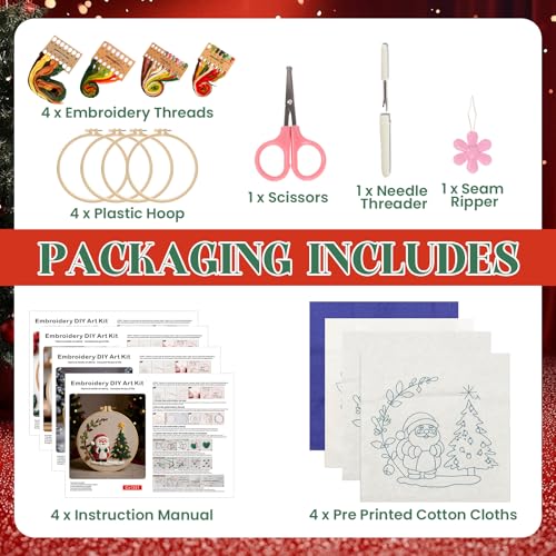 Christmas Embroidery Kits 4 Set DIY Needlepoint Kit for Adults Beginners Cross Stitch Kits for Craft Lover Christmas Gifts
