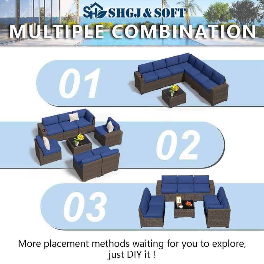 8pcs Patio Outdoor Furniture Set, Waterproof Wicker Sectional Couch Outdoor Big Sofa with Thick Cushions, All-Weather PE Rattan 8 Pieces Patio Conversation Sets for Porch,Backyard,Garden SHGJ&SOFT