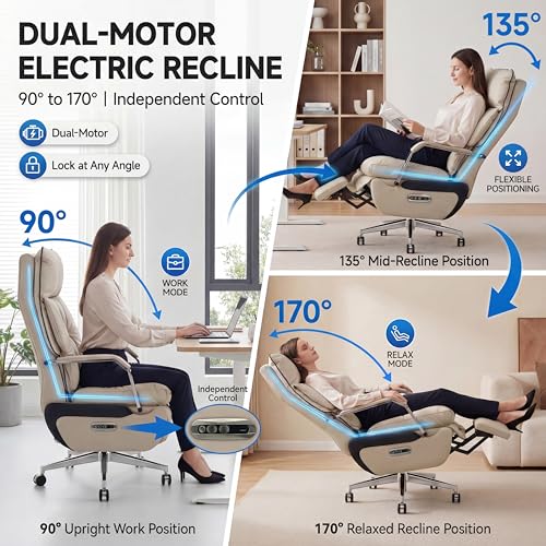 Dual Motor Executive Home Reclining Office Chair with Footrest - One-Click Electric Recline with Massage & Pillow Support Big and Tall PU Leather Ergonomic Desk Chair, High Back Wide Seat (White) COTYFLY