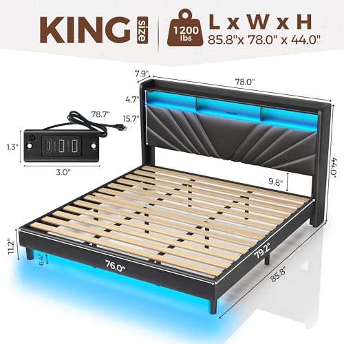 Rolanstar King Size Bed Frame, Storage Headboard with Charging Station and LED Lights, Upholstered Bed with Heavy Duty Wood Slats, No Box Spring Needed, Noise Free, Easy Assembly, Black Rolanstar