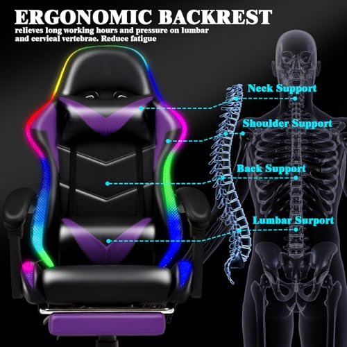 Czlolo RGB LED Lights Gaming Chair with Footrest for Adults and Kids, Lumbar Support Massager Video Game Chair, High Back Reclining Gamer Chair with Headrest, Swivel Office Computer Desk Chair(Purple) Czlolo