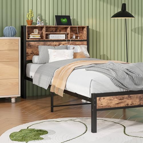 Twin XL Bed Frames with Headboard Storage, Twin Bed Frame with Charging Station, Single Bed Frame with Heavy Duty Metal Slats, No Box Spring Need, Easy Assembly, Rustic Brown Doredo