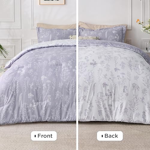 Bedsure Queen Comforter Set - Lavender Bed Set, 3 Pieces Cute Floral Bedding, 1 Soft Reversible Botanical Flowers Comforter and 2 Pillow Shams Bedsure