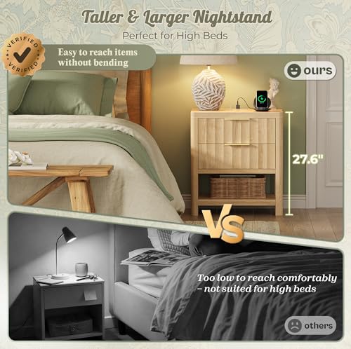 Huuger 27.6 Inch Tall Night Stands with Charger Station, USB-C Port, Fluted Nightstand Set of 2, Larger Wider Bed Side Table with 2 Deep Drawers, Open Shelf, Bedroom Living Room End Table, Natural Huuger