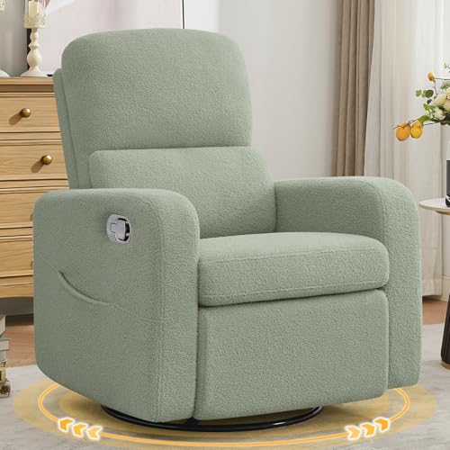 AEMEIOS Swivel Rocker Recliner, Oversized Manual Boucle Nursery Glider Rocking Recliner Chair with Removable Cushion, Upholstered Swivel Reclining Chair for Nursery Living Room Bedroom, Teddy Green