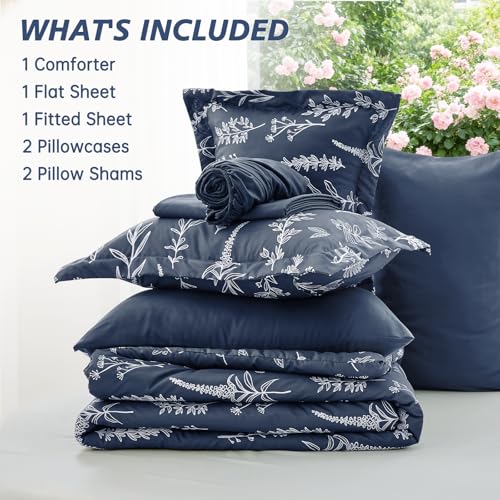 MUXHOMO Navy Blue Bed in a Bag Queen 7 Pieces, Queen Comforter Set Reversible Botanical Flowers Design, Ultra Soft & Breathable Bedding Sets with Comforter, Sheets, Pillowcases & Shams MUXHOMO