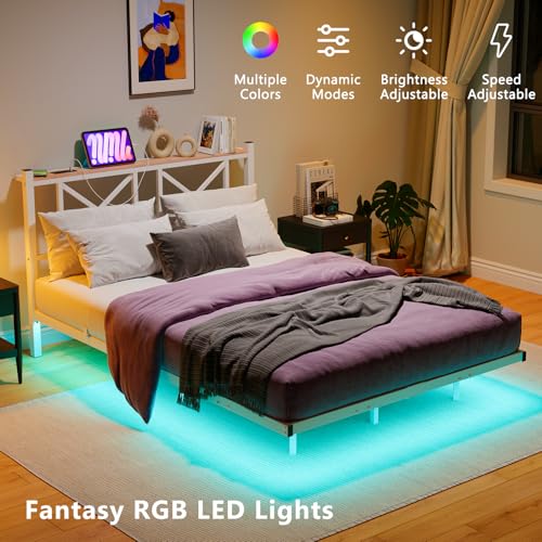 MUZERUL Floating Bed Frame Full Size with LED Lights & Charging Station,Metal Platform Bed Frame Full Size with XX Headboard,No Box Spring Needed,Heavy Duty Steel Slats,Easy Assembly,Noise Free,White MUZERUL