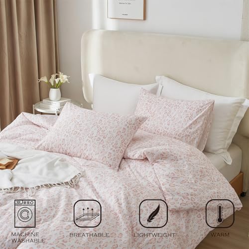 MKXI Luxury Comforter Set Leopard Print King Size Comforter Set Animal Cheetah Pattern Pink White Floral Bed Comforter Cute Leopard Aesthetic Comforter Bedding Set for All Season MKXI