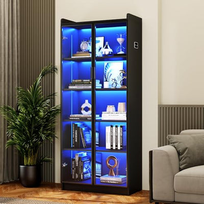 Dystler Display Cabinet with Adjustable Shelves, 65" Tall Bookcase with LED Lights/Human Sensor, 5 Tier Display Case for Collectibles Bedroom Living Room Office, Black - Transparent Acrylic Doors
