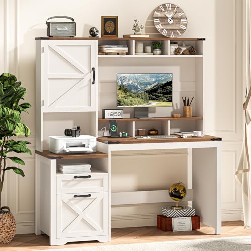 Farmhouse Executive Desk 51" Computer Desk with 2 Drawers Storage Cabinet and Power Outlets Wood Home Office Desk with Hutch & Monitor Stand, Writing Desk Workstation for Bedroom Study, Rustic White Halitaa