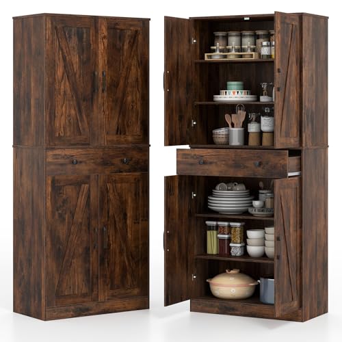 Giantex 72" Tall Kitchen Pantry Cabinet, Modern Farmhouse Pantry Storage Cabinet with 4 Barn Doors, Adjustable Shelves & Drawer, Buffet Cupboard with Living Room, Dining Room, Bathroom, Rustic Brown Giantex
