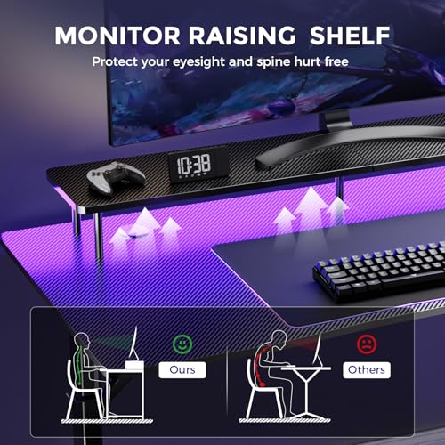 GTPLAYER 55 Inch Gaming Desk with LED Lights & Power Outlet, Computer Gamer Desk with Monitor Stand, Ergonomic Carbon Fiber Gaming Table Home Office Desk with Headphone Hook & Mouse Pad GTPLAYER