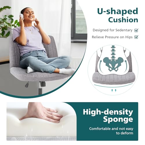 OLIXIS Criss Cross Chair with Wheels Wide Cross Legged Office Desk Vanity Chair Comfy Fabric Armless Adjustable Swivel for Home Computer Task Gray OLIXIS