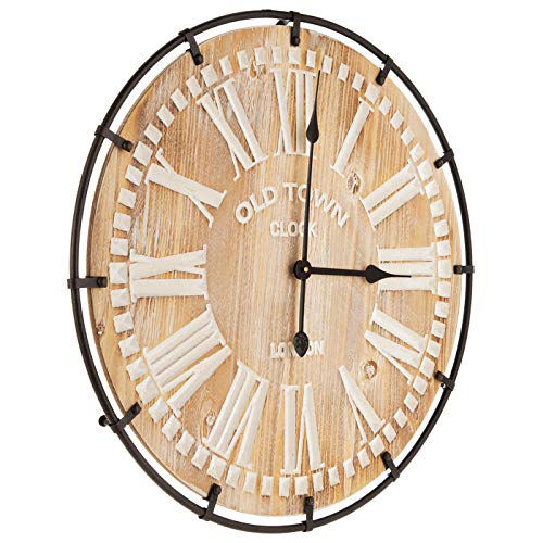 MODE HOME Large Farmhouse Wall Clock, 24 Inch Rustic Wooden Wall Clock Decorative with Metal Circle and Engraved Numerals, Silent Battery Operated for Kitchen Bedroom Living Room Fireplace Mantel MODE HOME