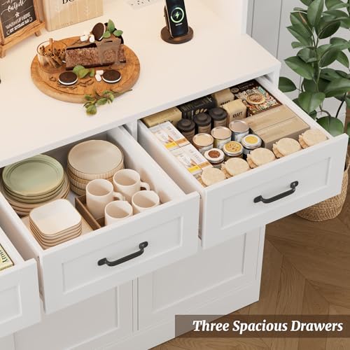 HOSTACK 72" Tall Kitchen Pantry Cabinet with Charging Station | LED Lights, 47" W Kitchen Pantry Storage Cabinet with Countertop, Modern Kitchens Hutch Cabinets with Storage for Dining Room, White HOSTACK