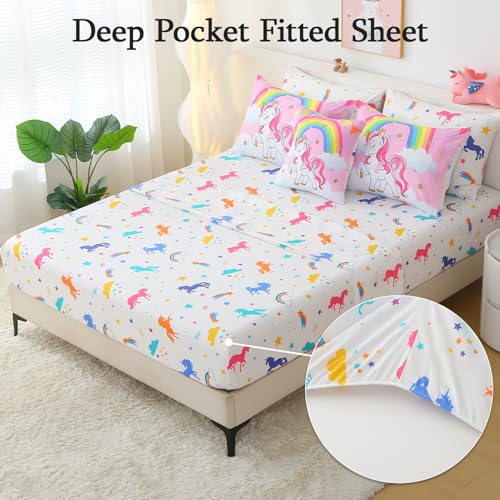 JQinHome Unicorn Full Bedding Sets for Girls Kids,8 Piece Bed in A Bag 3D Pink Sky Rainbow Clouds Theme Unicorn Comforter Set with Sheet Set(Pink Purple) JQinHome
