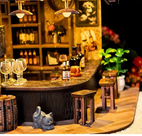 Book Nook Kit, 3D Wooden Miniature Tavern & Pub Dollhouse with LED Lights - DIY Mini House Craft Model for Adults, Birthday Valentine's Day Gift for Women Men