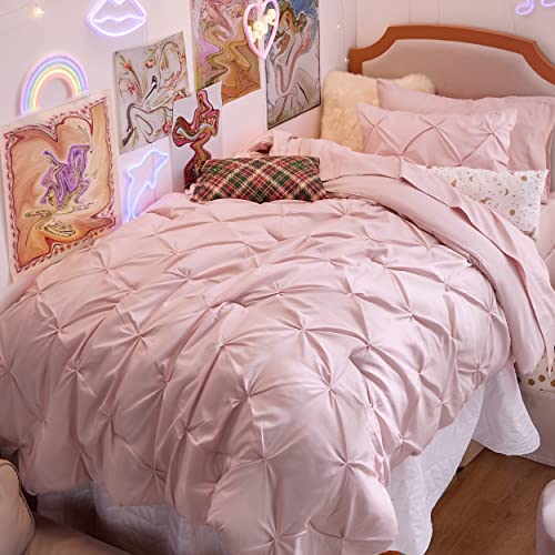 Bedsure Twin Comforter Set Pink for Women - Bed in a Bag Twin Size Bedding 5 Pieces, GentleSoft™ Pintuck Bed Set Gift for Family, Pinch Pleat Pink Comforter with Sheets, Pillowcase & Sham Bedsure