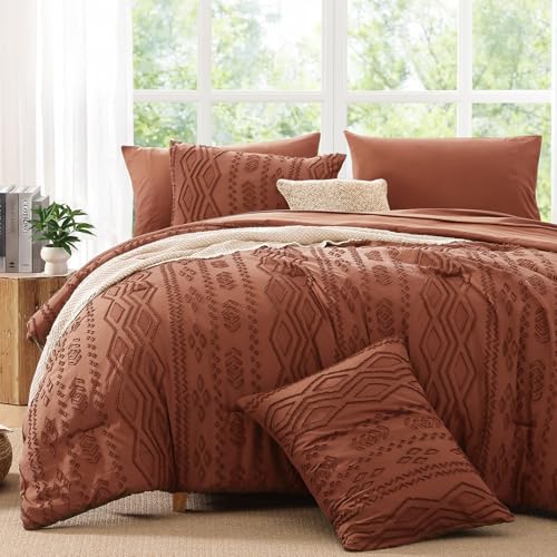 AMBERSPACE Queen Comforter Set Autumn Leaf, Tufted Boho Bedding Farmhouse Bed Set, All Season 7 Pieces Bed in a Bag with Sheets, Pillowcases & Shams AMBERSPACE