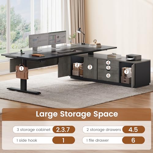 SEDETA Executive L Shaped Electric Standing Desk, 71" Height Adjustable Executive Desk with 3 Drawers and Cabinet, Sit Stand Up Home Office Desk with Power Outlets & Side Hook (Grey) SEDETA