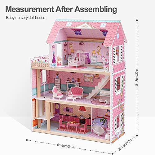 ROBUD Wooden Dollhouse, Doll House Playset with 24-pcs Exquisite Accessories, Working Elevator, Gift for Ages 3+ ROBUD