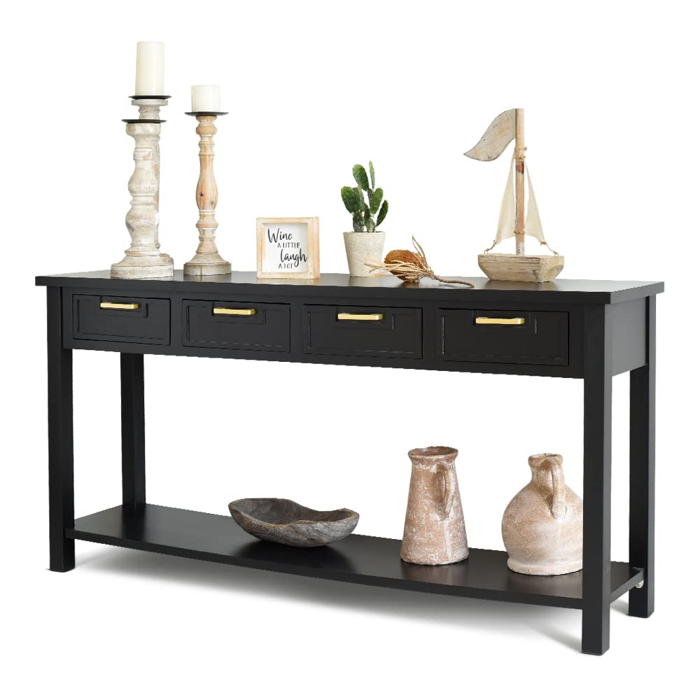 HLXZN Console Table for Entryway, 60 Inch Sofa Table w/4 Drawers and Bottom Shelf Narrow Long Hallway Table for Living Room Entryway Home, Black HLXZN