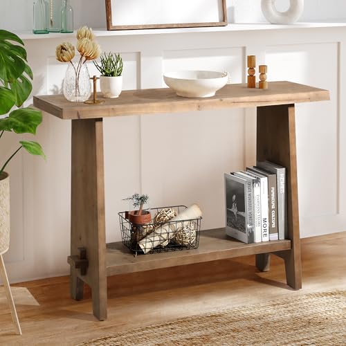 HOKYHOKY Solid Wood Console Table, 43.3" Farmhouse Entryway Table with Storage Shelf, Rustic Narrow Skinny Behind Couch Sofa Table for Living Room, Hallway, Entryway, Foyer, Brown HOKYHOKY