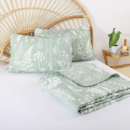 JANZAA Quilts Queen Size Sage Green Quilt Botanical with Floral Pattern Microfiber Bedspreads Queen Size 3 Pieces Lightweight Comforter Reversible Bedding Set with 2 Pillow Cases JANZAA