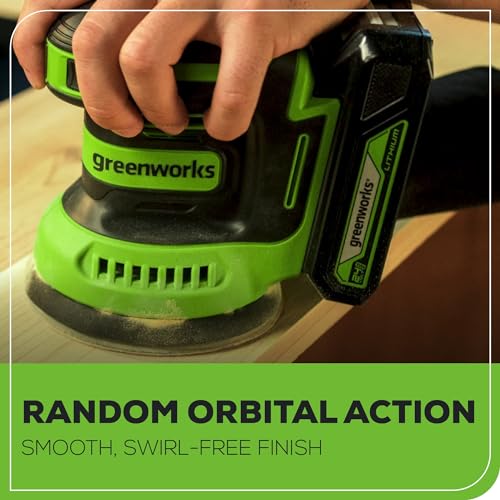 Greenworks 24V Cordless Orbital Sander, 5" Random Sanders Variable Speed, 11000 OPM, 3 Sandpaper Sheets, with 2Ah Battery and Charger Greenworks