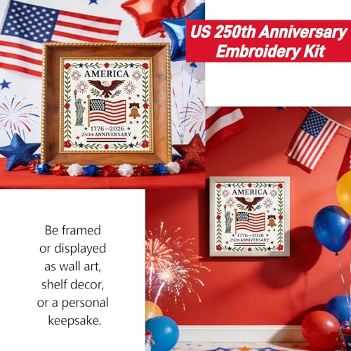 US 250th Anniversary Embroidery Kit, Patriotic Cross Stitch Kits, DIY Embroidery Kits for Adults with 1776-2026 Flag Pattern, 20cm Hoop, Threads, Needles & Instructions for Veterans Military Fans