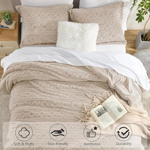 Homelike Moment Fluffy Comforter Set Queen Size, Beige Warm Fleece Comforter Full Size Bed Set for Winter 3 Piece Homelike Moment
