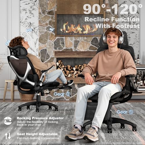 ELABEST X100 Ergonomic Mesh Office Chair with Footrest, Big and Tall Hone Desk Chair with 5D Flip-Up Arms, Adjustable 3D Lumbar Support,Gaming & Executive Computer Chairs ELABEST