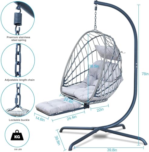 Hanging Egg Chair with Leg Rest and Stand – Rattan Wicker Swing Hammock Chair, UV-Resistant Cushion, Heavy-Duty Frame for Indoor & Outdoor Patio, Bedroom, Balcony, Garden – 330 lbs Capacity(Grey) Outlux