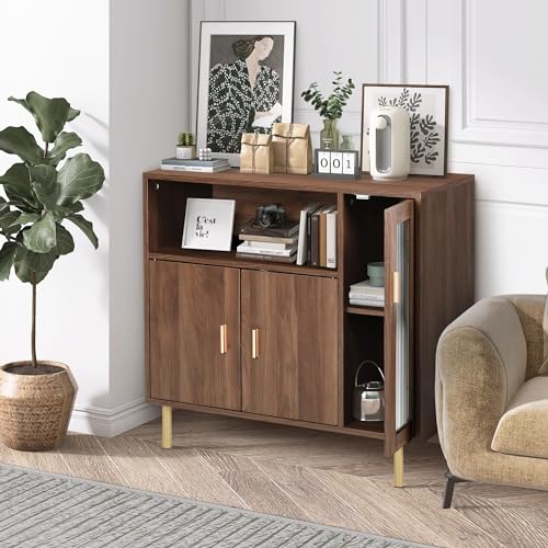 LAZZO Storage Cabinet Credenza Sideboard Buffet Cabinet with Glass Doors Free Standing Accent Entry Cabinet Coffee Bar Cabinet for Living Room, Hallway, Kitchen and Dining Room Brown LAZZO