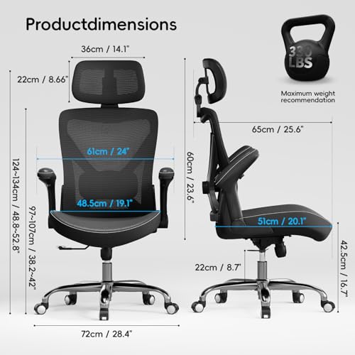 Ergalithic Ergonomic Office Chair-Computer X-Shaped Chair Mesh PU Leather with Adjustable Lumbar Support-Executive Desk Chair High Back with Headrest Flip-Up Arms for Long Hours (Black) Ergalithic