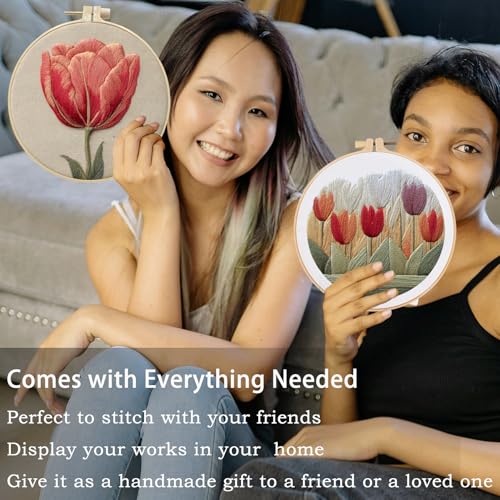 FONNUY Embroidery Kit for Beginners, Tulips Flowers Pre-Stamped Pattern Kits for Adults with Hoop, Easy to Follow Color Thread Needlework, 8'' Hoop (Red)