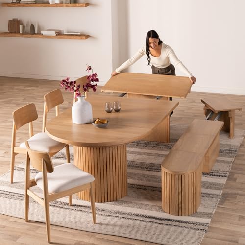 Transformer Table - Solid Wood Extendable Round Dining Table Set with Bench and 4 Chairs, Seats 4-10, Expandable Round Dining Set, Natural (Table + Bench + 4 Chairs) Transformer Table