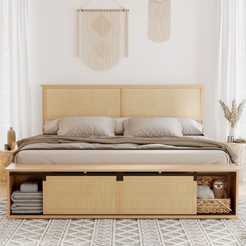 GarveeHome Natural Rattan King Size Bed Frame with Sliding Barn Door Storage Cabinets and Headboard, Boho Farmhouse Wood Platform Bed with Solid Wood Legs Support, No Box Spring Needed GarveeHome