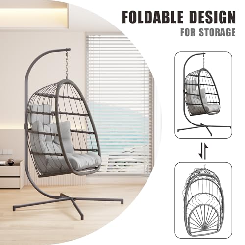 HWB Hanging Egg Chair with Stand, Swing Hammock Chair with Cushion for Indoor Outdoor, Patio Wicker Egg Swing Chair for Balcony Furniture, Light Gray HWB