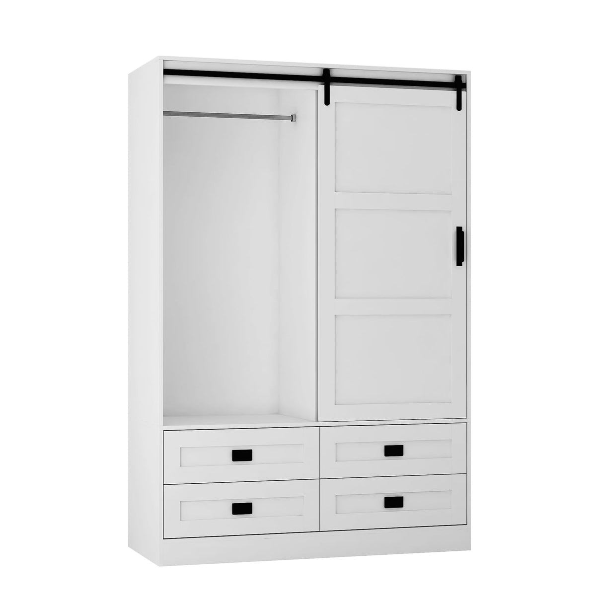 GOSROMS Armoire Wardrobe Closet with Sliding barn Door,Wardrobe Cabinet with 4 Storage Drawers and Hanging Rail,Freestanding Wooden Closet for Bedroom (White) GOSROMS
